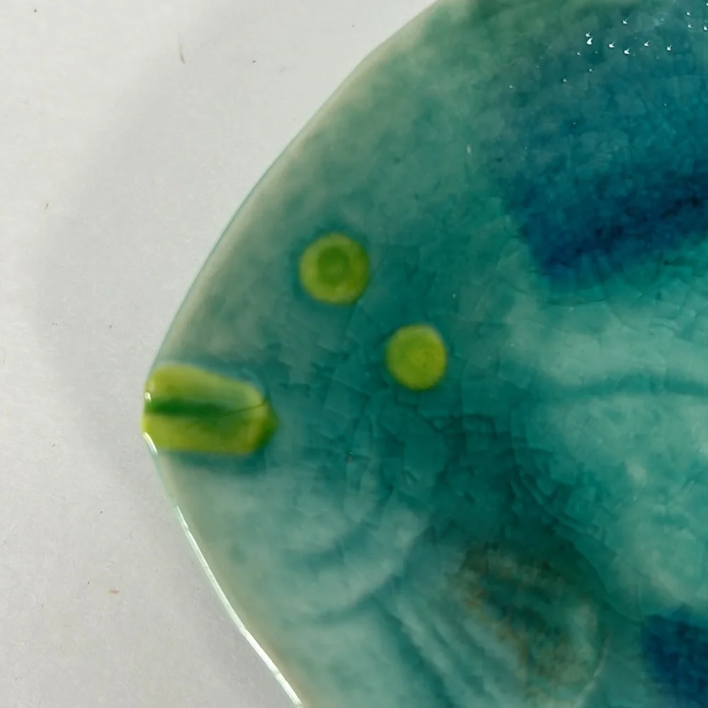 Crate & Barrel Japanese Crackle Ceramic Blue Green Fish Trinket/Kitchen Dish